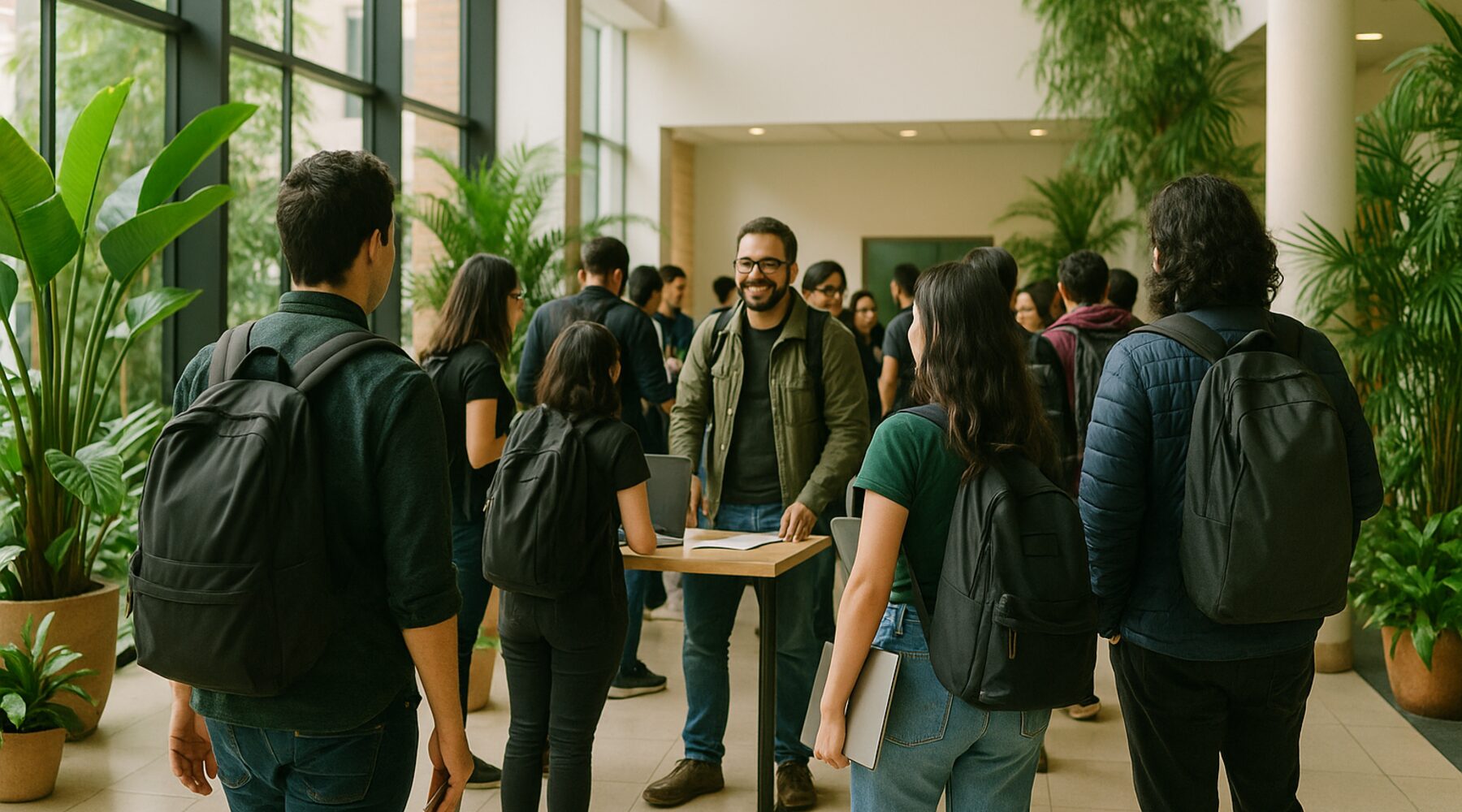 Asistentes llegando al FLISoL Bogotá con sus equipos