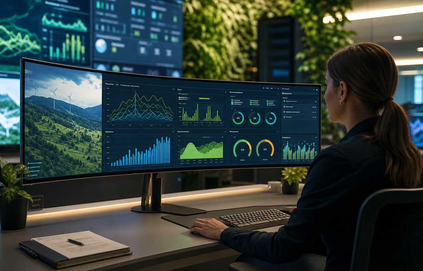 Tablero de monitoreo energético en pantalla curva